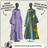 two mannequins wearing dresses, one in purple and the other in blue, with text indicating that the dresses can be made without decorative parts and that they work with sleeve packs.