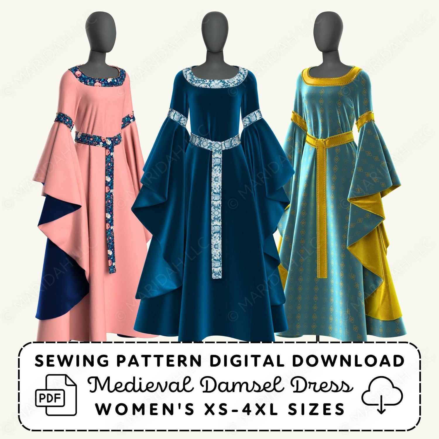 Three medieval-style dresses on mannequins with sewing pattern digital download text.