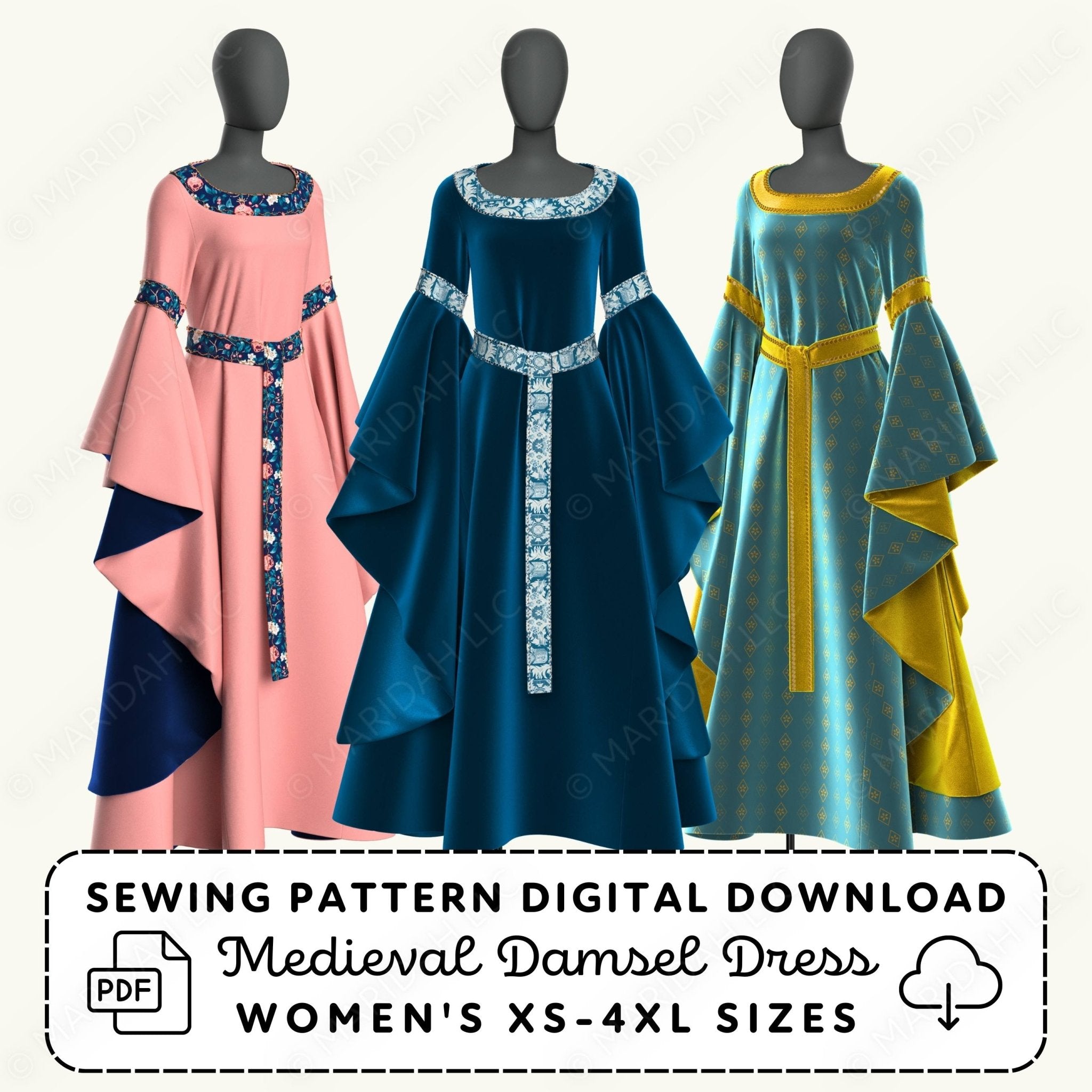 Three medieval-style dresses on mannequins with sewing pattern digital download text.