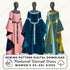 Three medieval-style dresses on mannequins with sewing pattern digital download text.