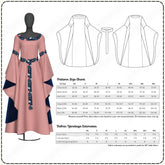 The image is a detailed diagram of a dress pattern, including measurements and fabric yardage. It shows a mannequin wearing a pink dress with a high collar and sleeves, along with a waist and hip measurements chart. The dress fabric is described as yards 5" wide, 6" long, and 7" wide, and the collar facing is described as a 3/8" collar. The fabric yardage is provided in yards 5" wide, 6" long, and 7" wide.