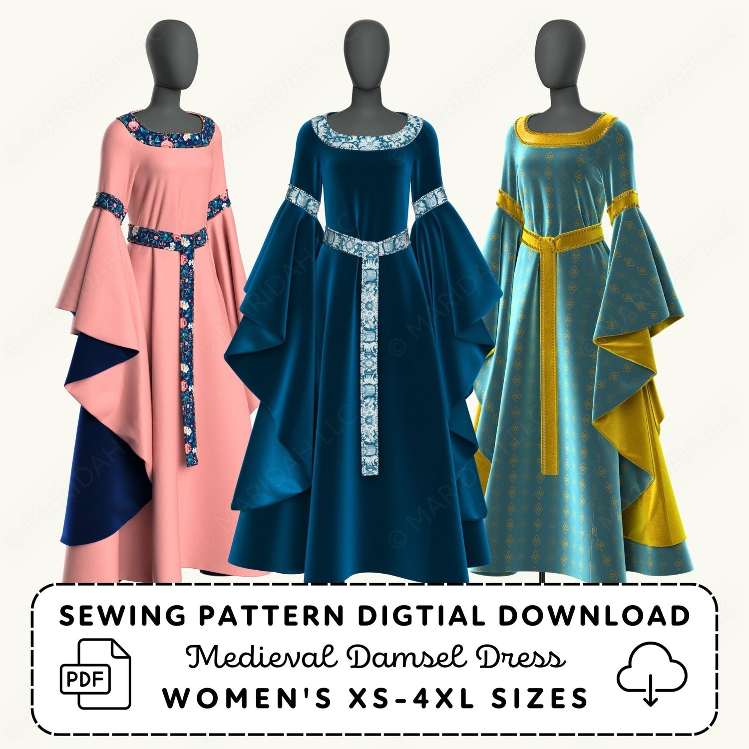 three different medieval dresses, each with unique designs and colors, displayed on mannequins.
