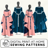 four mannequins wearing elaborate dresses in various colors, including pink, blue, and teal. The dresses have long sleeves and a flowing silhouette, suggesting a historical or fantasy theme. The image also includes text that reads "Digital Print-at-Home Sewing Patterns" and "PDF", indicating that the dresses are available for purchase or download as digital patterns for sewing.