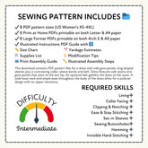 a sewing pattern that includes 8 PDF pattern sizes, 8 Print at Home PDFs, 8 Large Format PDFs, illustrated instructions, a size chart, a yardage estimate, a supplies list, a print assembly guide, and a modification tips.
