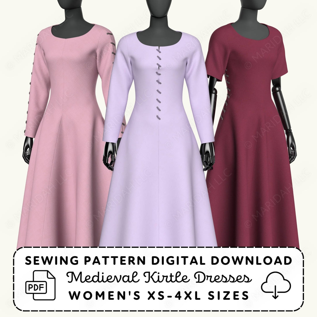 Three medieval kirtle dresses in pink, white, and red on mannequins with sewing pattern digital download text.