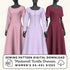 Three medieval kirtle dresses in pink, white, and red on mannequins with sewing pattern digital download text.