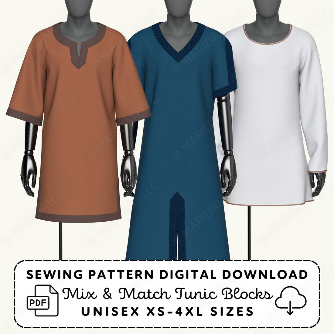 Three mannequins wearing brown, blue, and white tunics with sewing pattern digital download text.