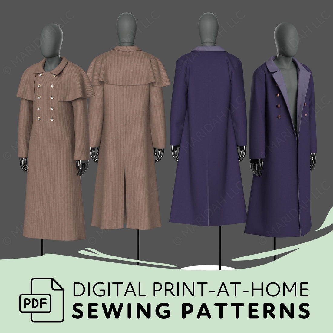four different coats, each with unique designs and colors, arranged in a row. The coats are displayed on mannequins, showcasing their styles and fit. The image also includes text that reads &quot;Digital Print-at-Home Sewing Patterns&quot; and &quot;PDF&quot;, indicating that the image is a digital print of sewing patterns for coats.