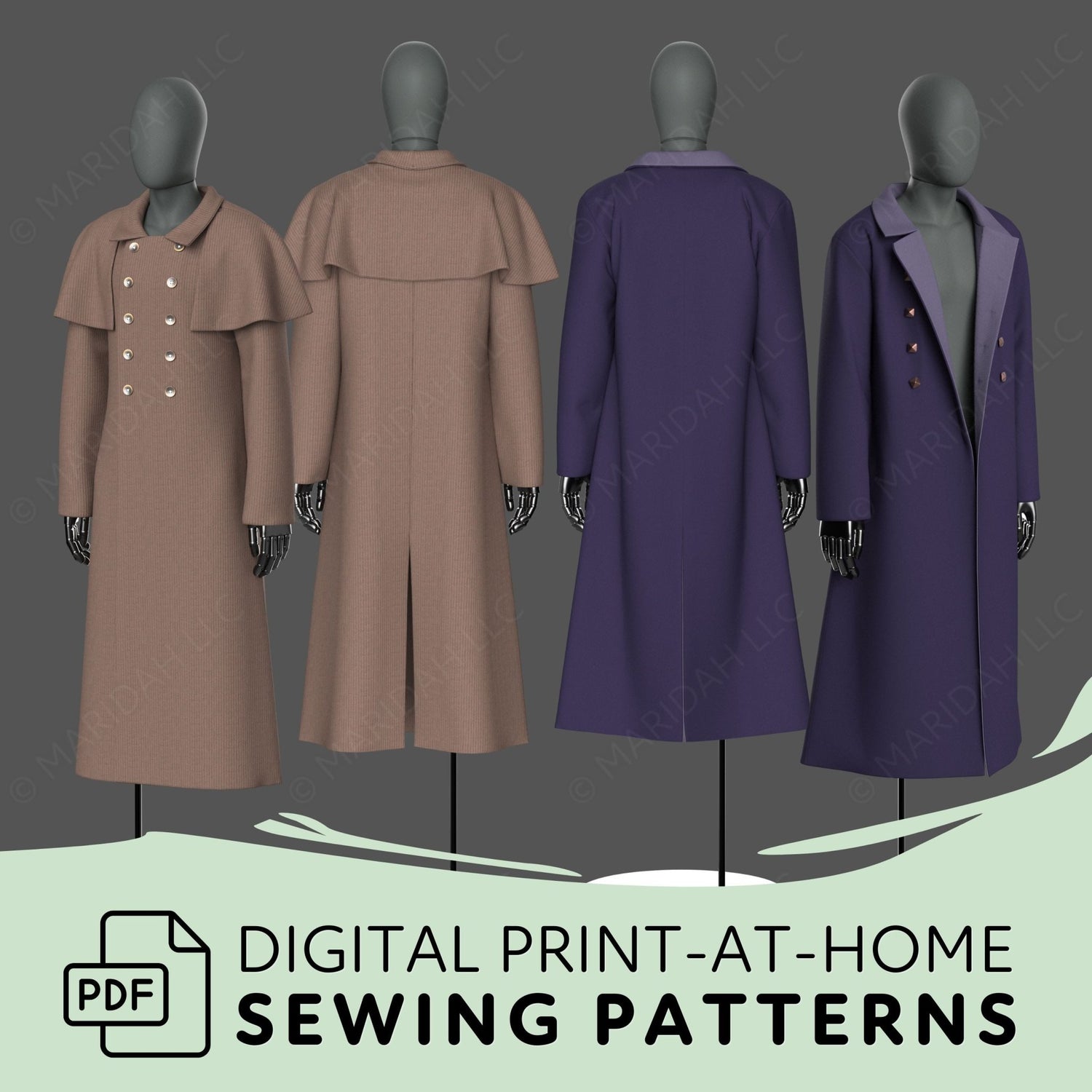 four different coats, each with unique designs and colors, arranged in a row. The coats are displayed on mannequins, showcasing their styles and fit. The image also includes text that reads &quot;Digital Print-at-Home Sewing Patterns&quot; and &quot;PDF&quot;, indicating that the image is a digital print of sewing patterns for coats.