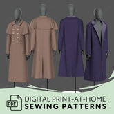 four different coats, each with unique designs and colors, arranged in a row. The coats are displayed on mannequins, showcasing their styles and fit. The image also includes text that reads "Digital Print-at-Home Sewing Patterns" and "PDF", indicating that the image is a digital print of sewing patterns for coats.