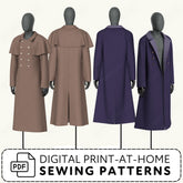 four mannequins wearing different types of coats, including a brown coat, a purple coat, and two other coats. The image also includes text that reads "Digital Print-at-Home Sewing Patterns" and "PDF".