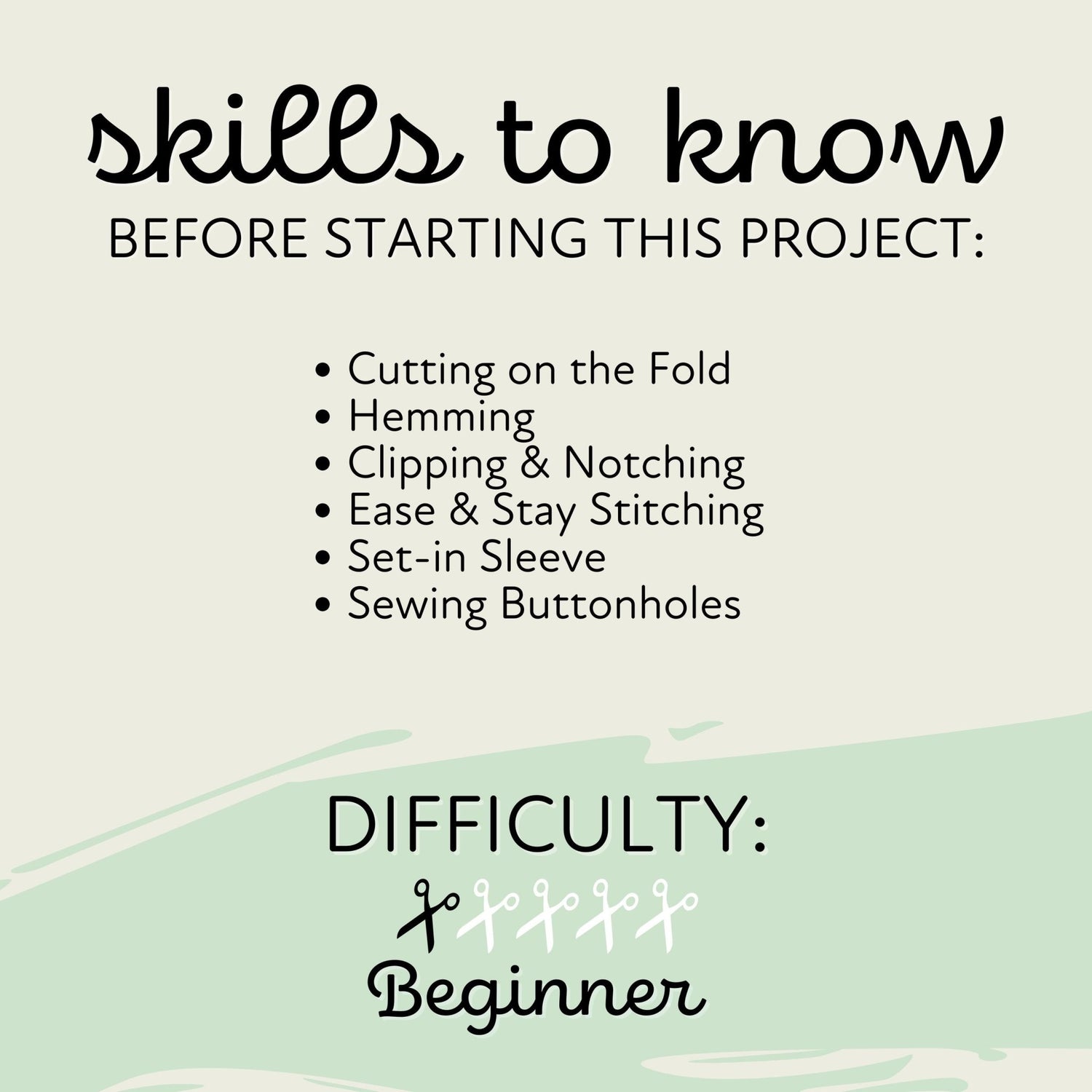 skills to know before starting this project: Cutting on the Fold Hemming Clipping &amp; Notching Easy &amp; Stay Stitching Set-in Sleeve Sewing Buttonholes Difficulty: Beginner