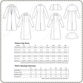 a detailed pattern size chart for US, XS, S, M, L, XL, and XXL sizes, along with fabric yardage estimates for coats, caplets, capelts, and lining. The chart provides measurements for various clothing items such as chest, waist, hip, and leg sizes, as well as fabric yardage for coats, caplets, capelts, and lining. The fabric yardage is provided in yards for 8" wide fabric. The chart is designed to help users select the appropriate size and fabric for their clothing items.