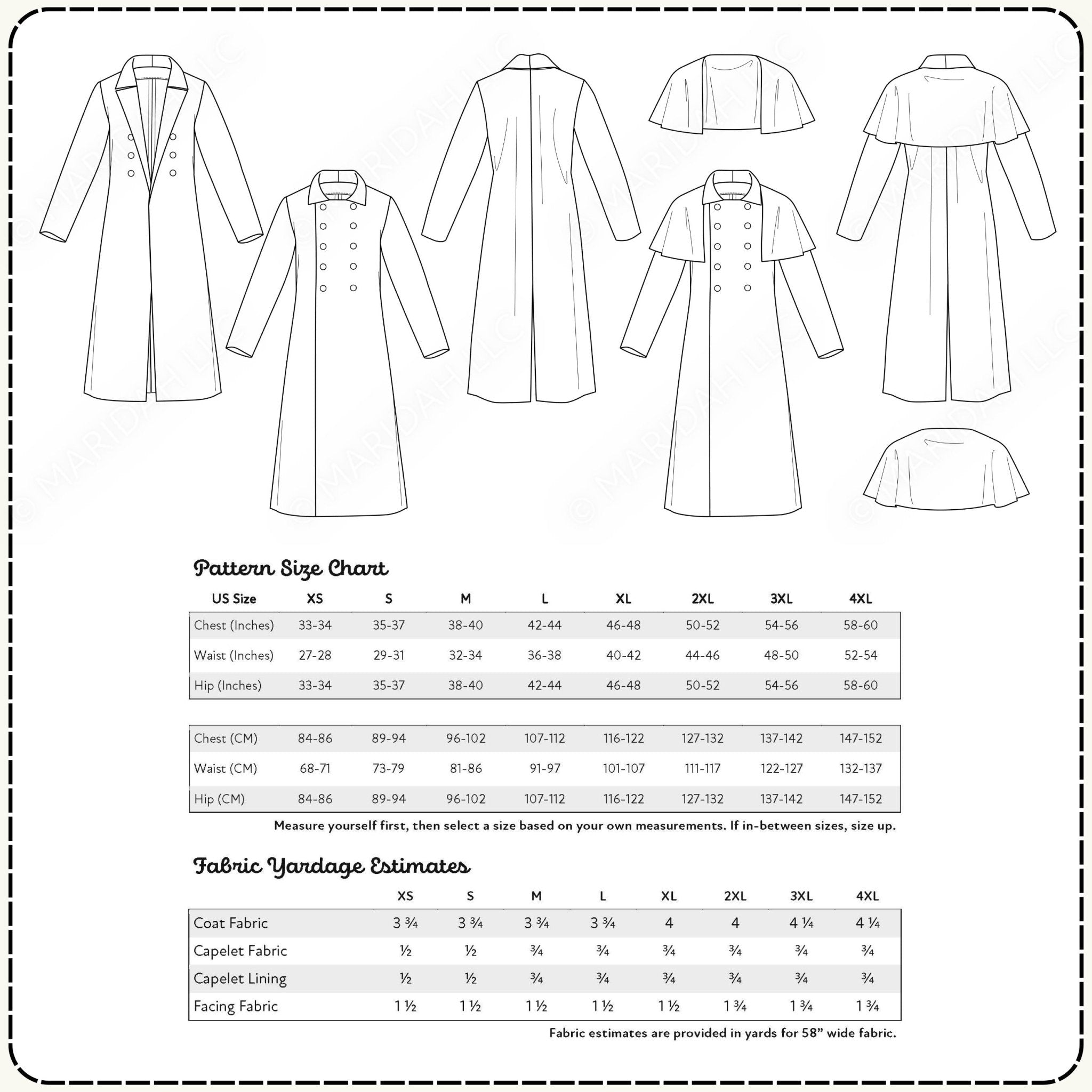 a detailed pattern size chart for US, XS, S, M, L, XL, and XXL sizes, along with fabric yardage estimates for coats, caplets, capelts, and lining. The chart provides measurements for various clothing items such as chest, waist, hip, and leg sizes, as well as fabric yardage for coats, caplets, capelts, and lining. The fabric yardage is provided in yards for 8&quot; wide fabric. The chart is designed to help users select the appropriate size and fabric for their clothing items.