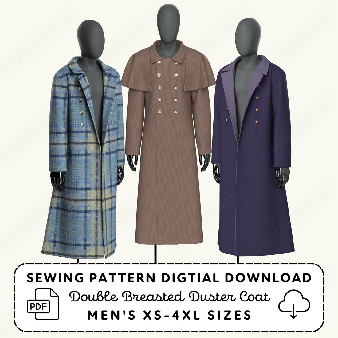 three mannequins wearing different types of coats, including a plaid coat, a double-breasted duster coat, and a purple coat.