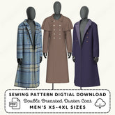 three mannequins wearing different types of coats, including a plaid coat, a double-breasted duster coat, and a purple coat.
