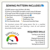 a sewing pattern that includes various sewing pattern files, such as yardage estimates, a supplies list, and a print assembly guide. The download contains PDF sewing pattern files for a simplified double braasted duster coat featuring a back slit and optional detachable shoulder capelet.