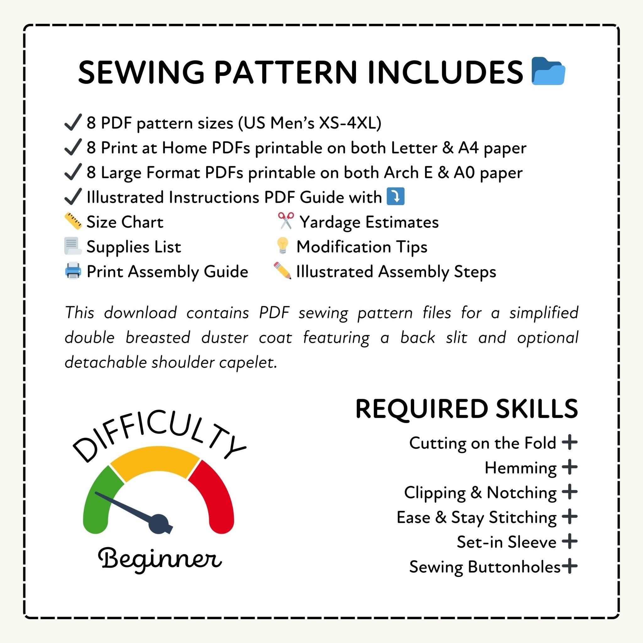 a sewing pattern that includes various sewing pattern files, such as yardage estimates, a supplies list, and a print assembly guide. The download contains PDF sewing pattern files for a simplified double braasted duster coat featuring a back slit and optional detachable shoulder capelet.