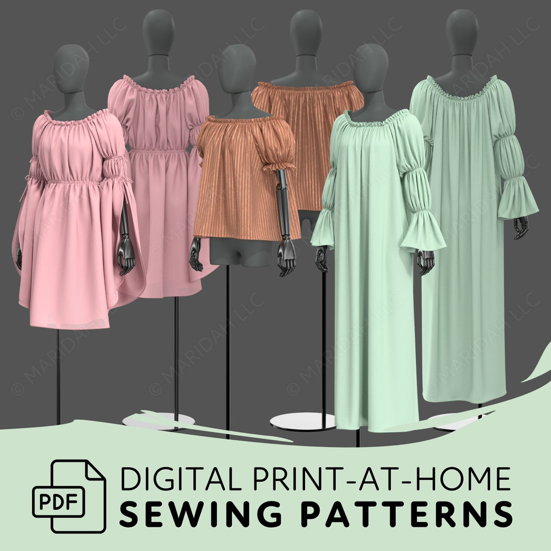 a collection of colorful dresses and tops on mannequins, with the text &quot;Digital Print-at-Home Sewing Patterns&quot; and &quot;PDF&quot; indicating that the image is a digital print of sewing patterns for at-home use.