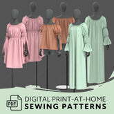 a collection of colorful dresses and tops on mannequins, with the text "Digital Print-at-Home Sewing Patterns" and "PDF" indicating that the image is a digital print of sewing patterns for at-home use.