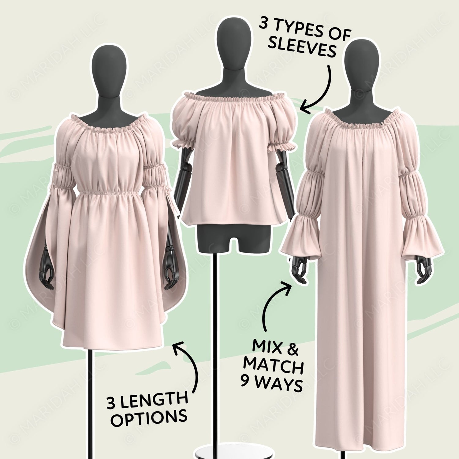 three different styles of dresses, each with a unique sleeve design, displayed on mannequins.