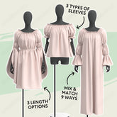 three different styles of dresses, each with a unique sleeve design, displayed on mannequins.