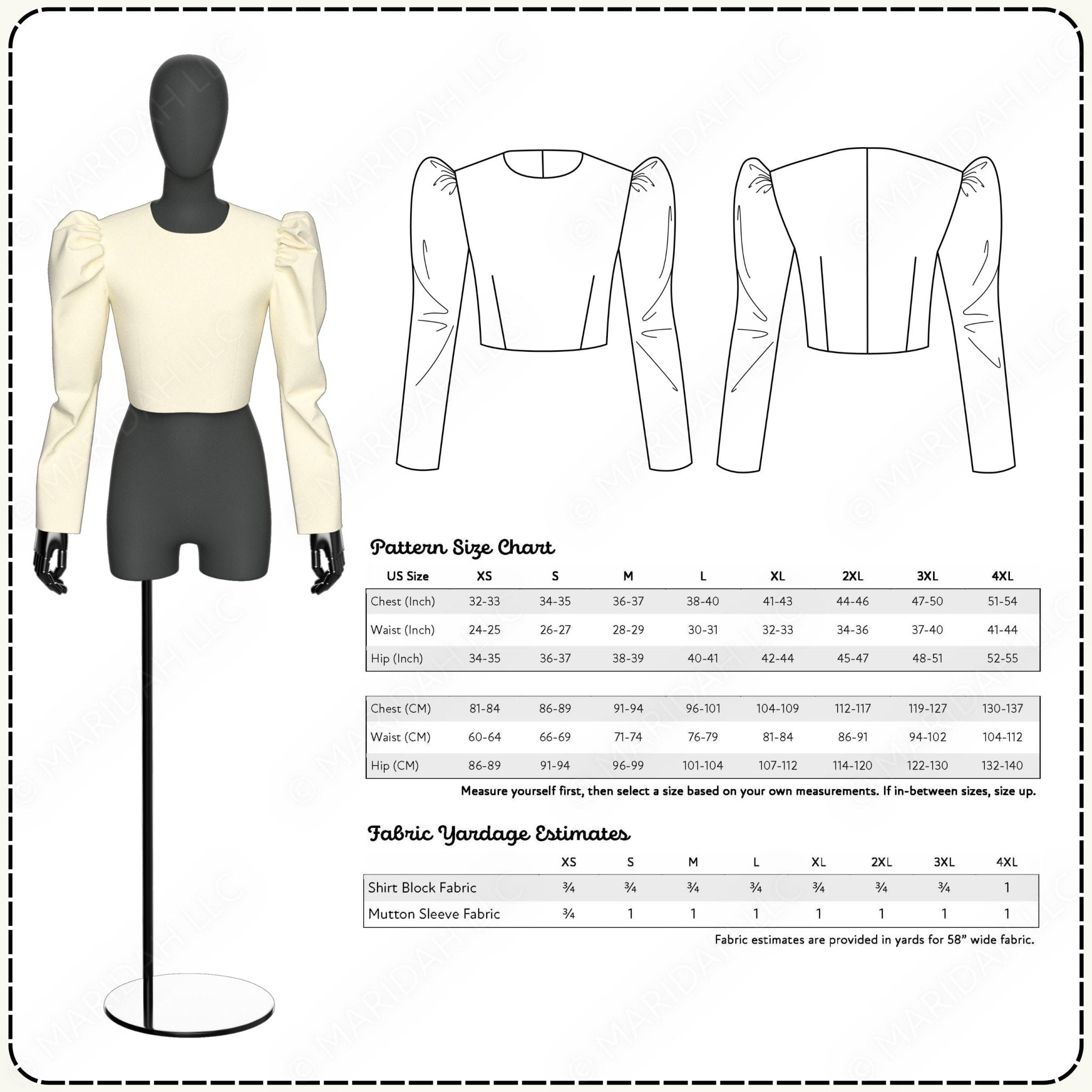 Mannequin wearing a cream blouse with black sleeves and skirt, accompanied by pattern size chart and fabric yardage estimates.