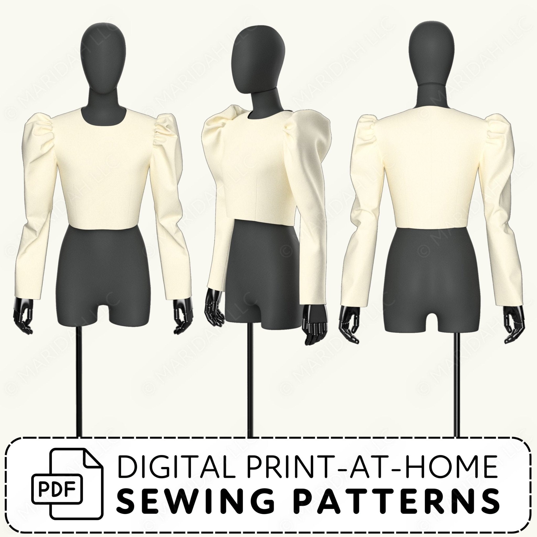 Mannequins wearing a cream blouse with puff sleeves on a white background, with text about digital print-at-home sewing patterns.