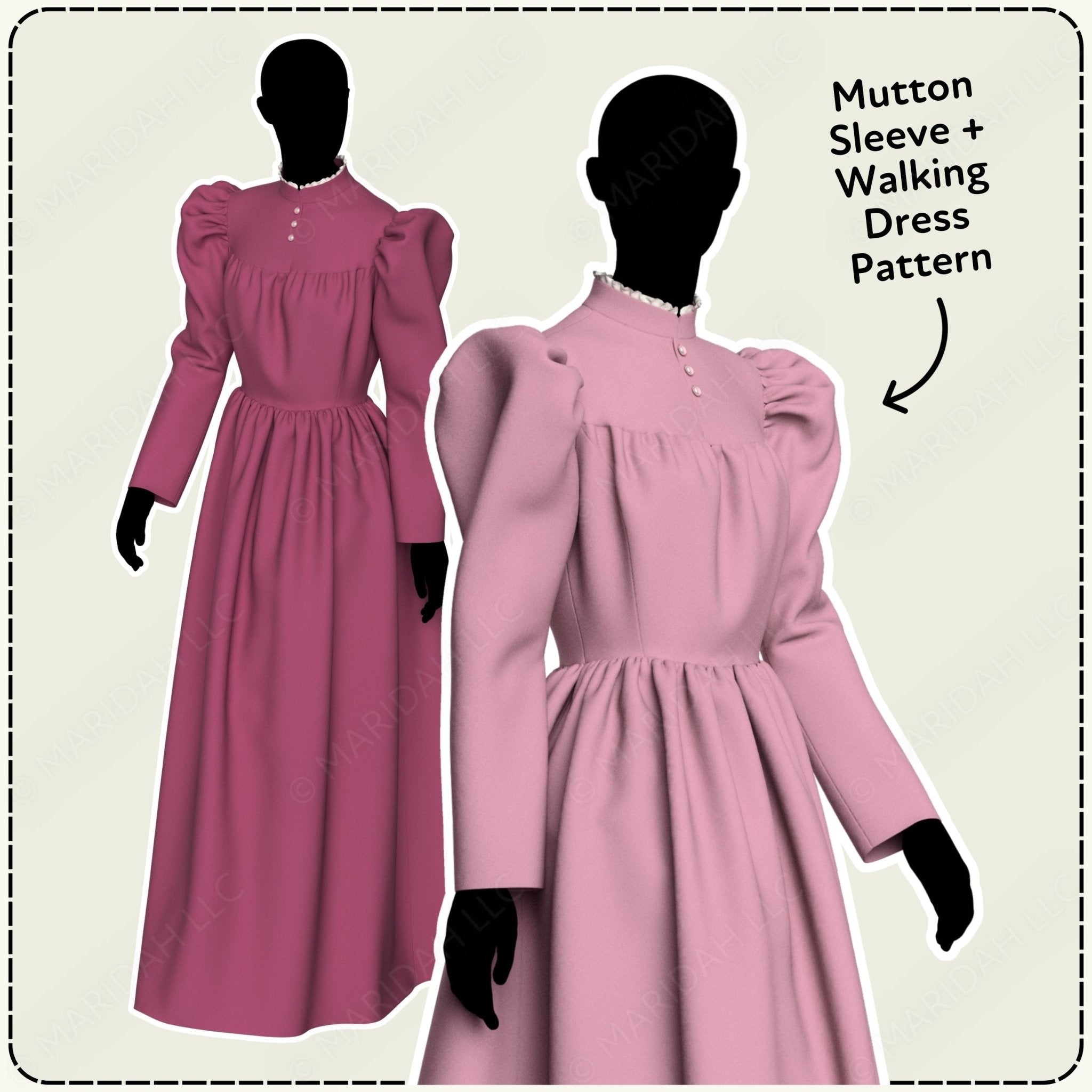 Pink dress with mutton sleeves and walking dress pattern on a plain background