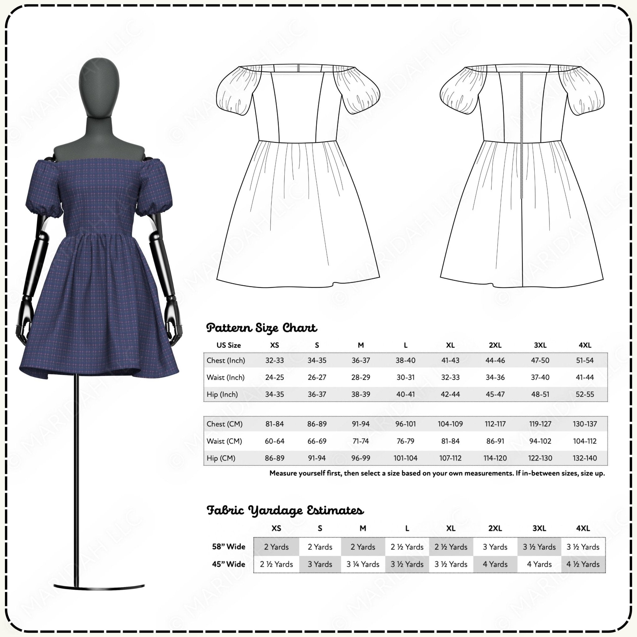 Dress pattern with mannequin display, size chart, and fabric yardage estimates.