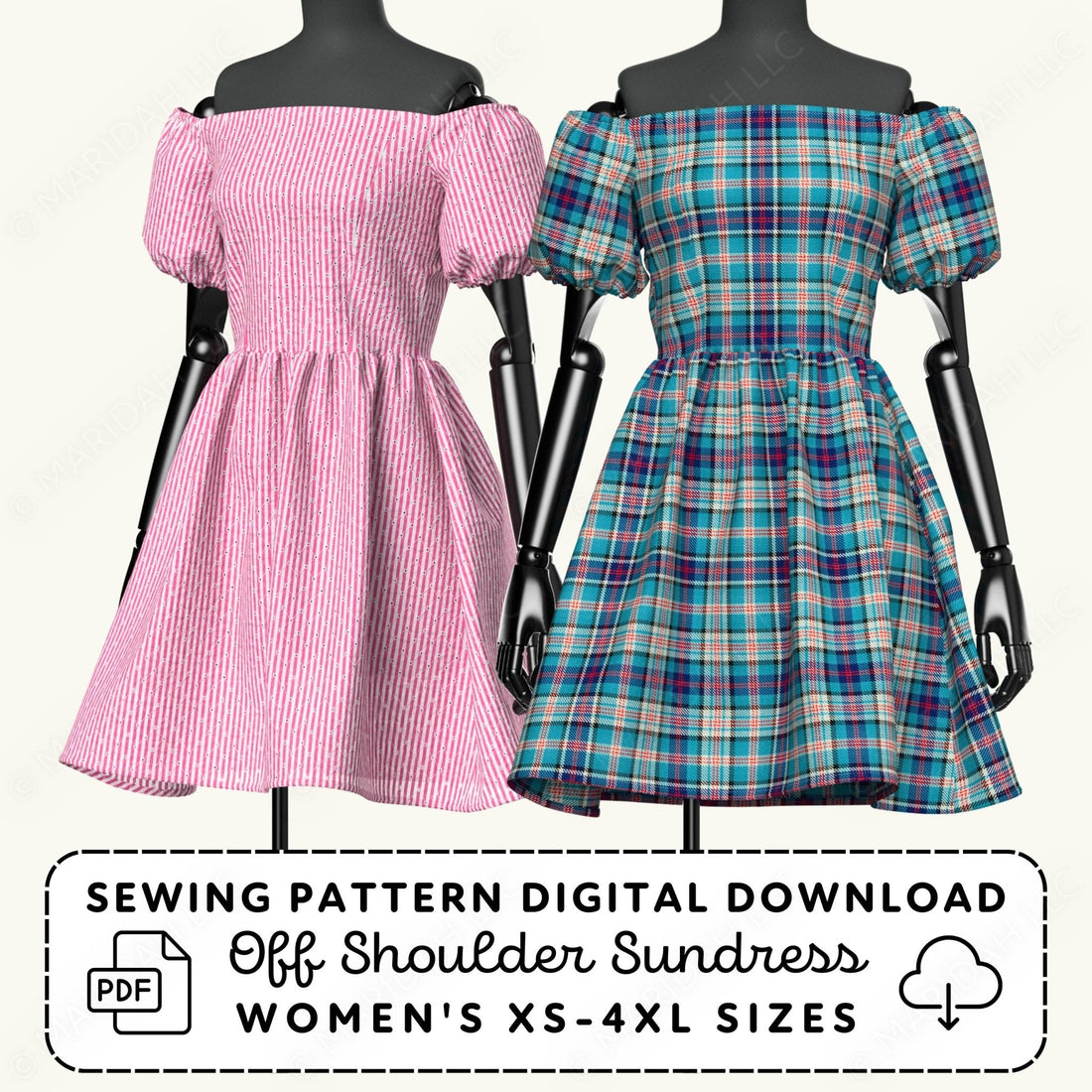 Two off-shoulder sundresses on mannequins with sewing pattern digital download text.