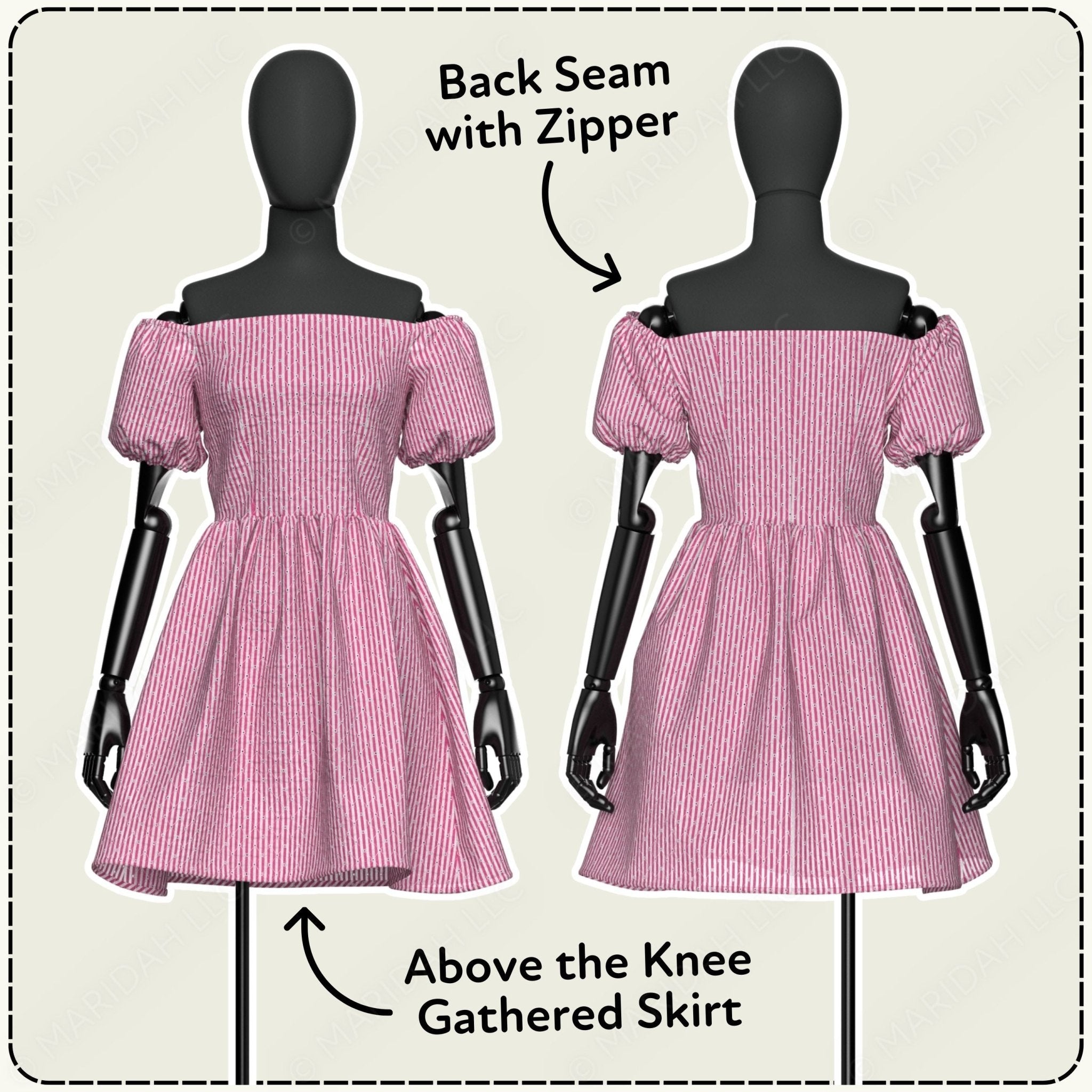 Pink dress on mannequins with labeled features on a beige background