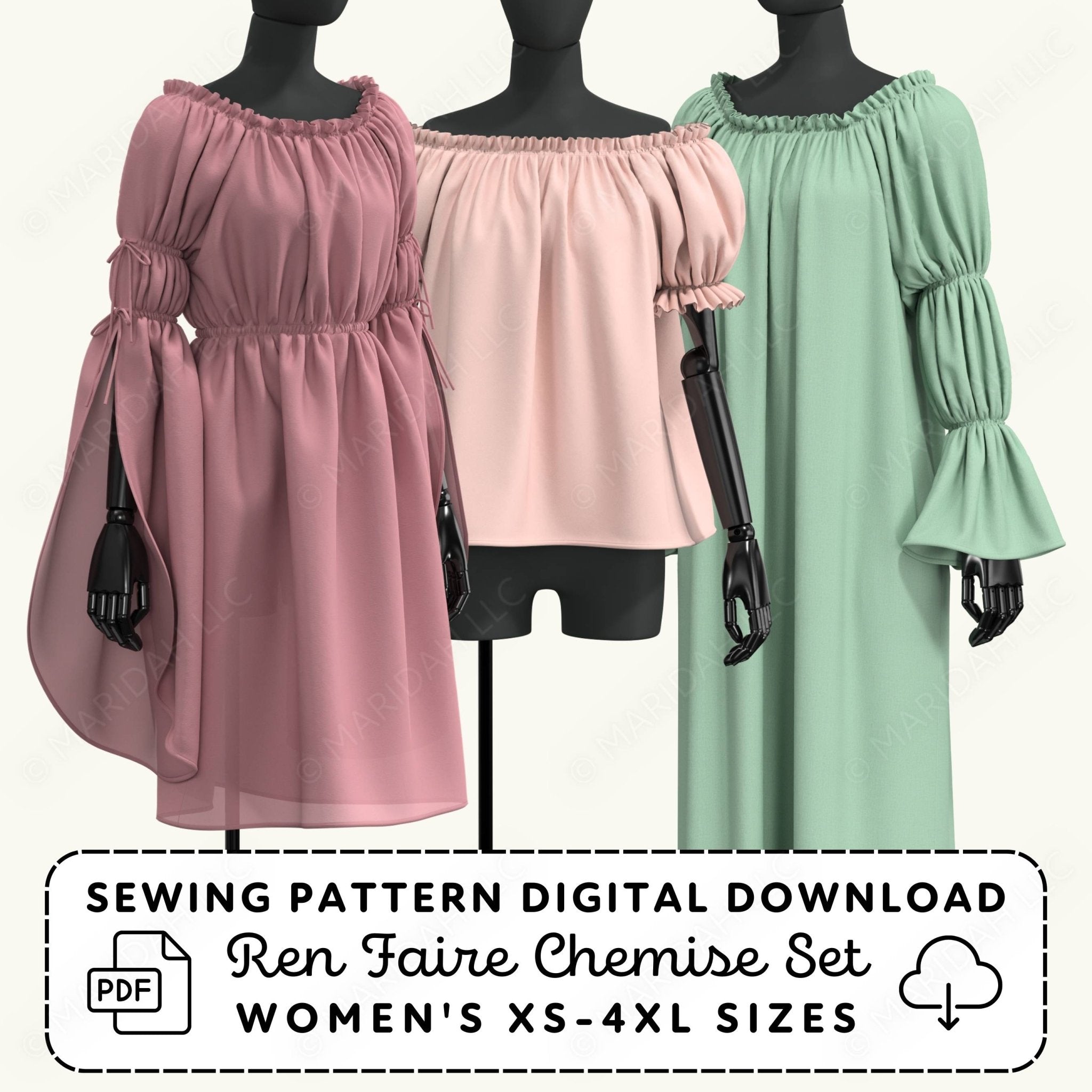 Three dresses in pink, peach, and green on mannequins with a sewing pattern digital download text overlay.
