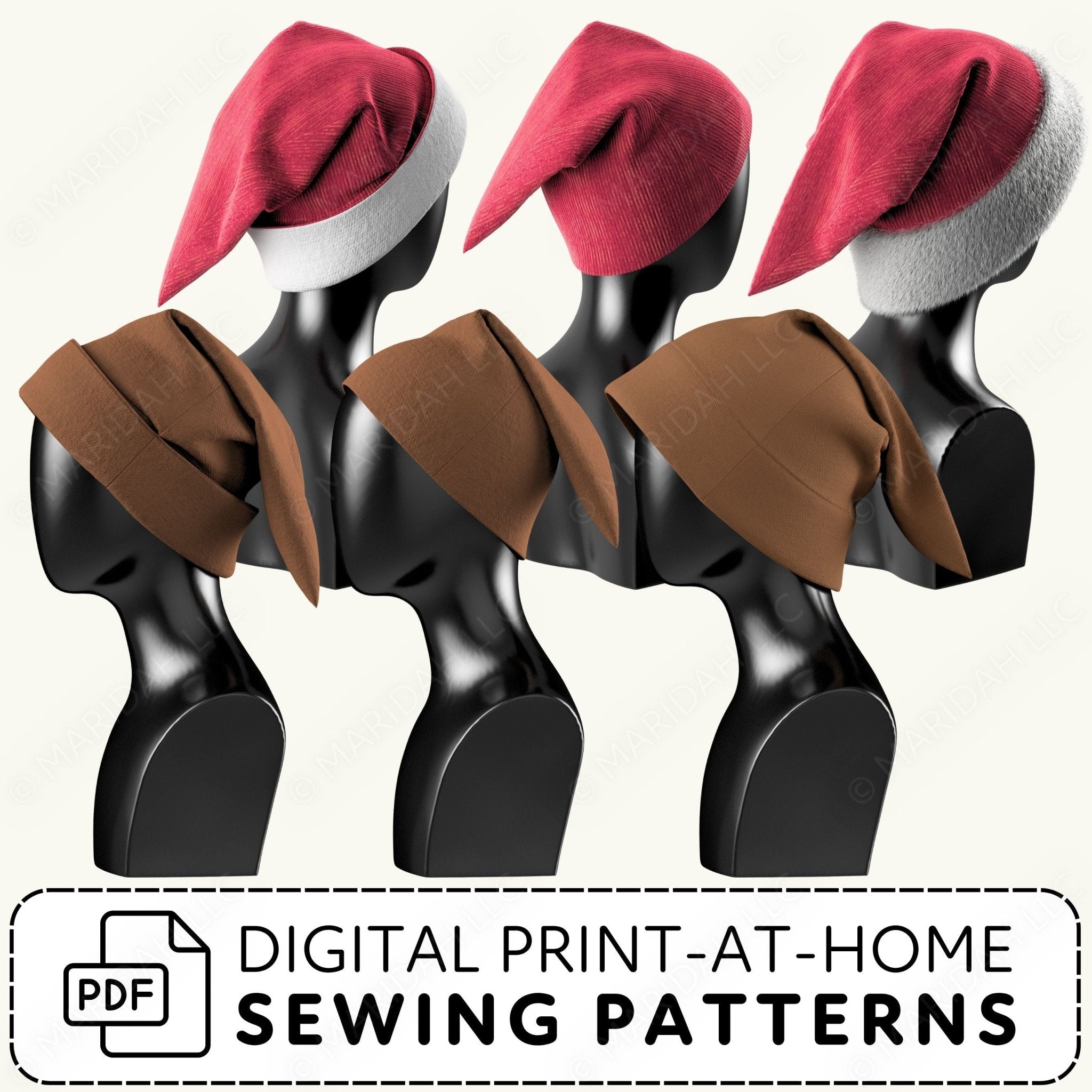 Mannequins wearing red and brown beanies with digital print-at-home sewing patterns text.