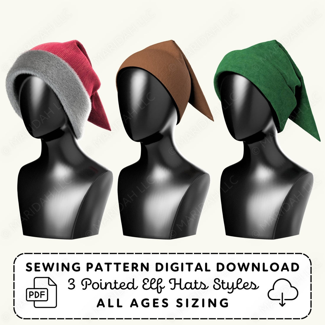 Three pointed elf hats in red, brown, and green on black mannequin heads with sewing pattern digital download text.