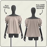 two mannequins wearing off-the-shoulder tops with puffed sleeves.