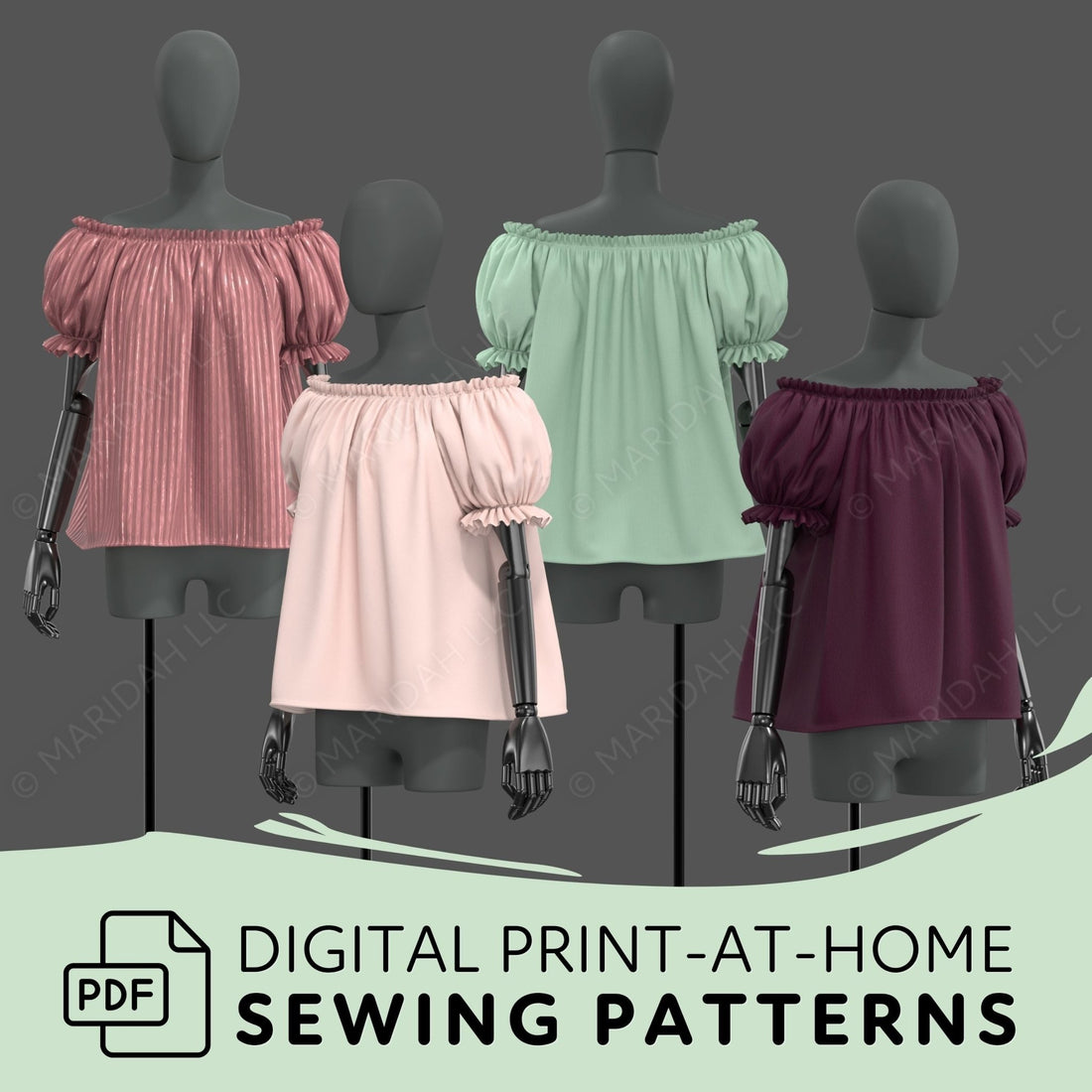 four mannequins wearing off-the-shoulder tops in various colors, including pink, green, maroon, and white.