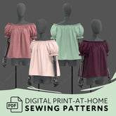 four mannequins wearing off-the-shoulder tops in various colors, including pink, green, maroon, and white.