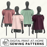 four mannequins wearing off-the-shoulder tops in various colors, including pink, green, and burgundy.