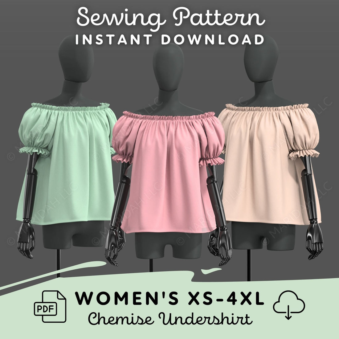 three mannequins wearing off-the-shoulder tops in different colors: green, pink, and beige.