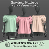 three mannequins wearing off-the-shoulder tops in different colors: green, pink, and beige.