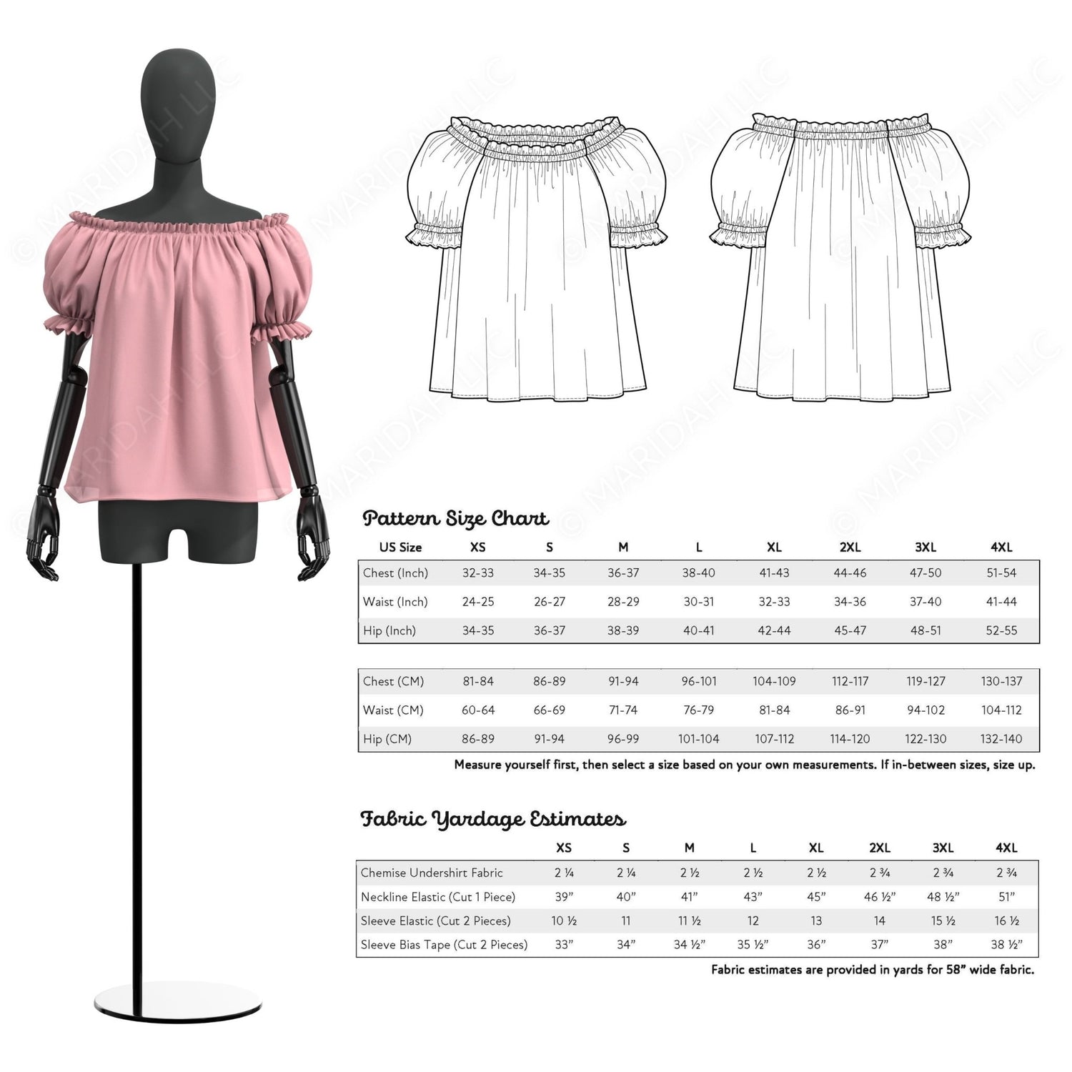 a mannequin wearing a pink off-the-shoulder top, along with three different size charts and fabric yardage estimates for the design.