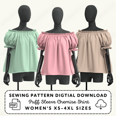 three mannequins wearing off-the-shoulder dresses in different colors: green, pink, and beige.