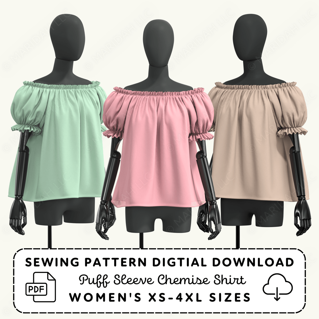 three mannequins wearing off-the-shoulder dresses in different colors: green, pink, and beige.