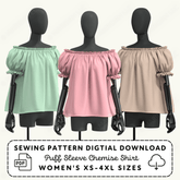 three mannequins wearing off-the-shoulder dresses in different colors: green, pink, and beige.