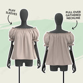two mannequins wearing off-the-shoulder tops with puff sleeves and a gathered neckline.