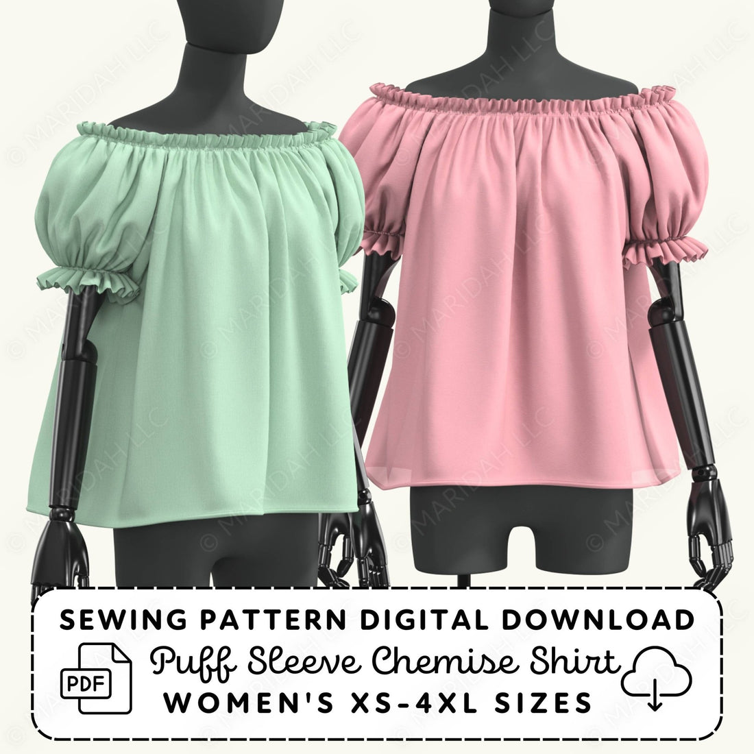 Two mannequins wearing off-shoulder puff sleeve chemise shirts in green and pink with sewing pattern digital download text.