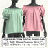Two mannequins wearing off-shoulder puff sleeve chemise shirts in green and pink with sewing pattern digital download text.