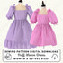 Two dresses on mannequins, one purple and one pink, with sewing pattern digital download text.