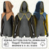 Three mannequins wearing hooded capes in brown, gray, and blue with a sewing pattern digital download label.
